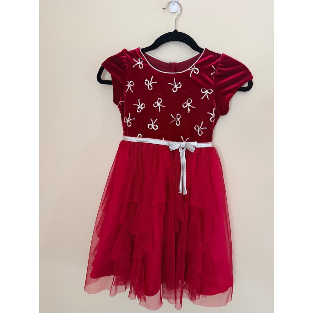 Jona Michelle Girls Red Velvet Sequin Bow Tulle Holiday Party Dress Size 6